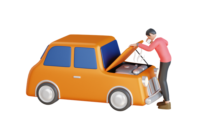 Man Calling For Assistance With His Car Broken Down By Roadside  3D Icon