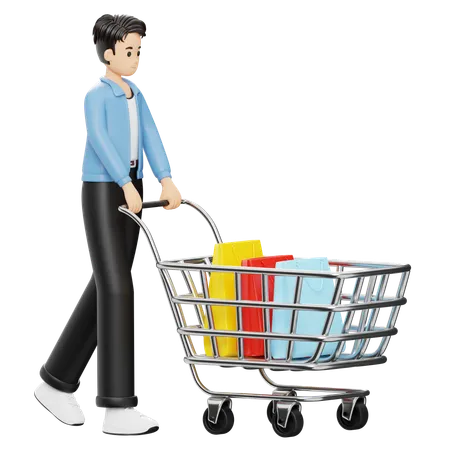 Man Carrying Bags In Cart  3D Illustration