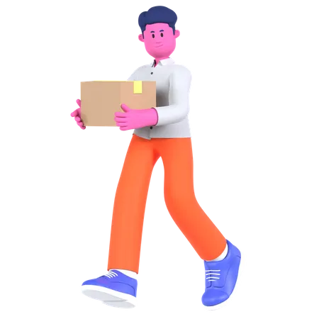 Man Carrying Box While Delivered Package  3D Illustration