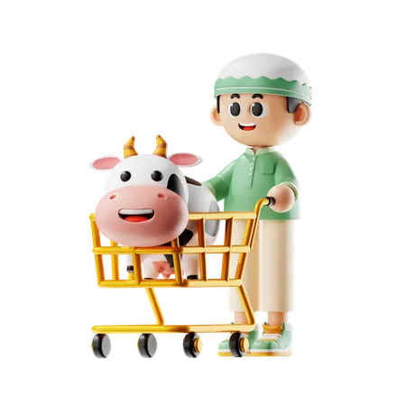 Man Carrying His Cow In Farm  3D Illustration