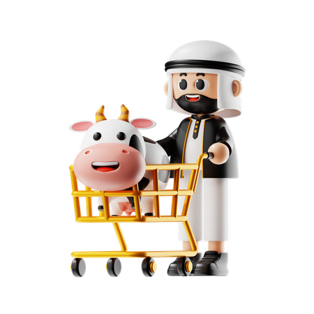 Man Carrying His Cow In Farm  3D Illustration