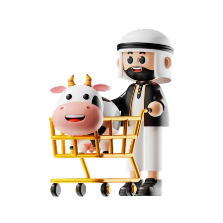 Man Carrying His Cow In Farm  3D Illustration