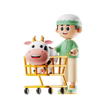 Man Carrying His Cow In Farm  3D Illustration