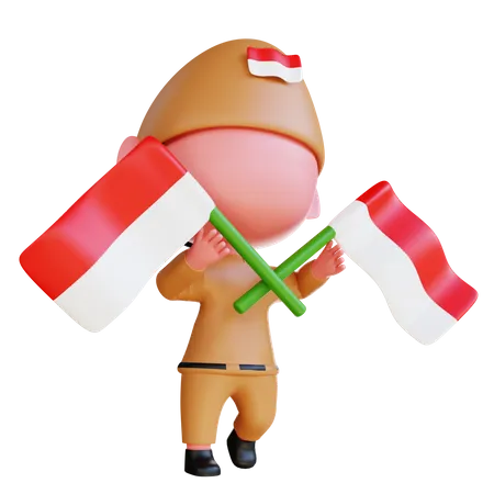 Man Carrying Indonesian Flag  3D Illustration