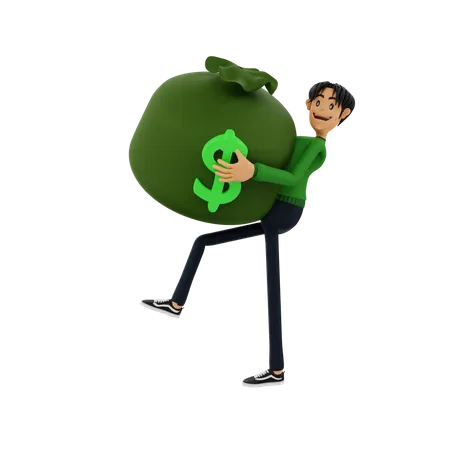 Man carrying money bag  3D Illustration