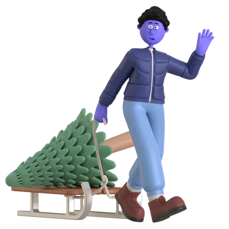 Man Carrying Pine Tree  3D Illustration