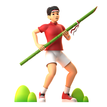 Man Carrying Sharpened Bamboo Indonesian Independence Day  3D Illustration