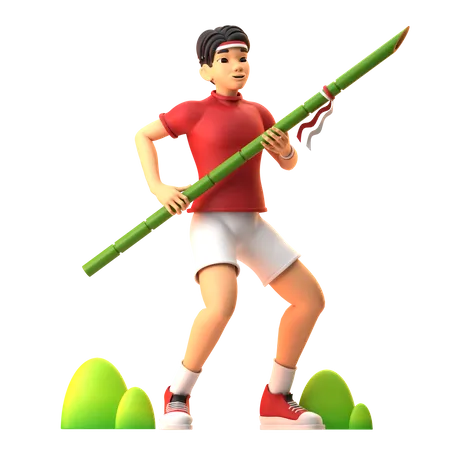 Man Carrying Sharpened Bamboo Indonesian Independence Day  3D Illustration