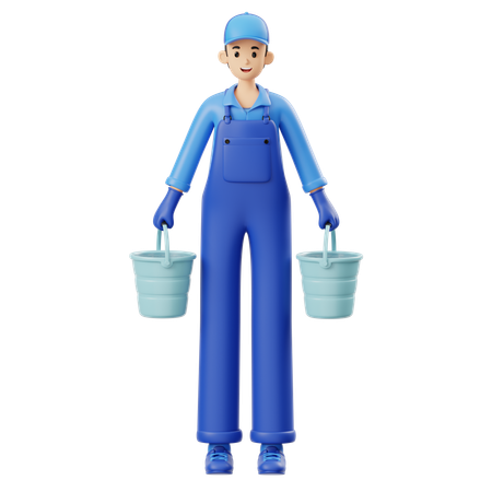 Man Carrying Water Bucket  3D Illustration