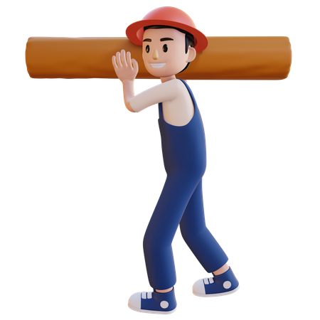Man carrying wood pipe on shoulder 3D Illustration