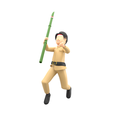 Man celebrating Indonesian independence with bamboo  3D Icon