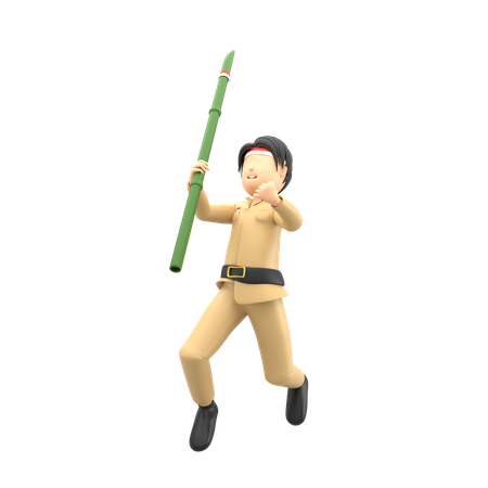 Man celebrating Indonesian independence with bamboo  3D Illustration