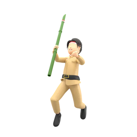 Man celebrating Indonesian independence with bamboo 3D Illustration