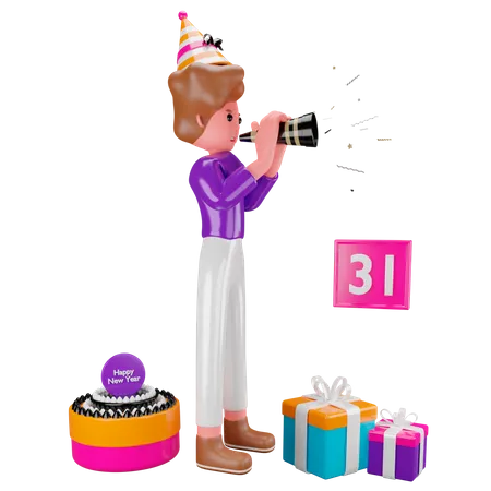 Man celebrating new year  3D Illustration