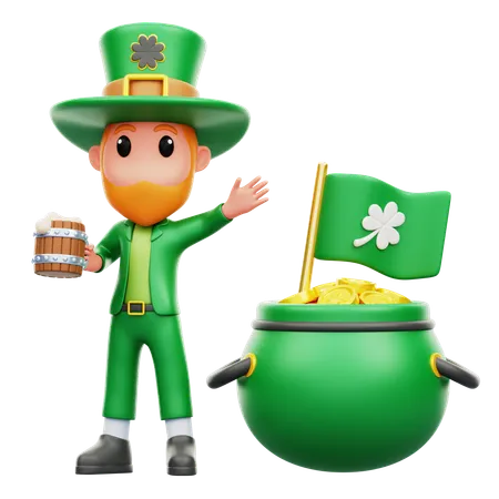 Man Celebrating Patrick's Day with cauldron  3D Illustration