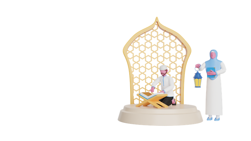 Man celebrating Ramadhan Kareem by reading tadarus al quran 3D Illustration