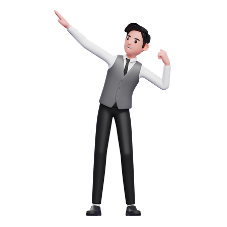 Man celebrating victory wearing a gray office vest  3D Illustration