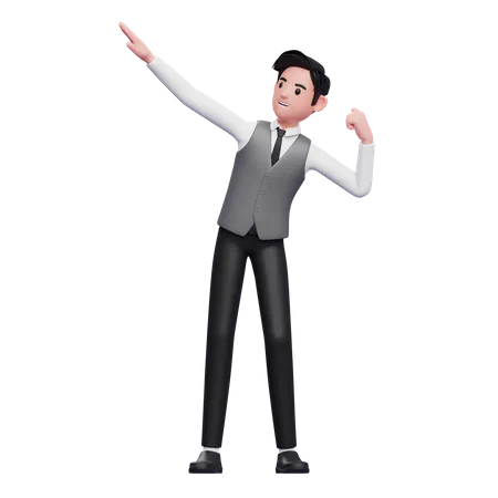 Man celebrating victory wearing a gray office vest  3D Illustration