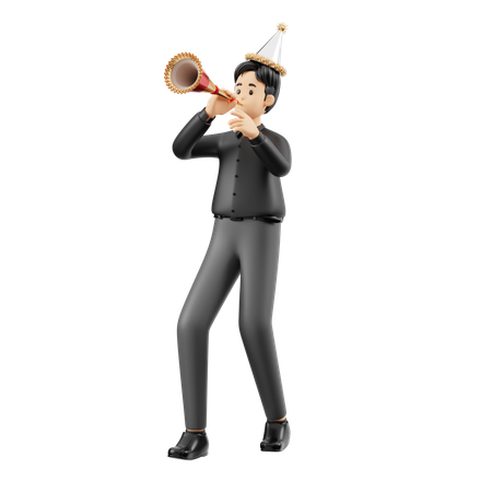 Man Celebrating With Trumpet  3D Illustration