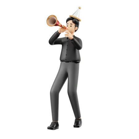 Man Celebrating With Trumpet  3D Illustration