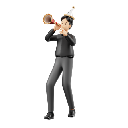 Man Celebrating With Trumpet  3D Illustration