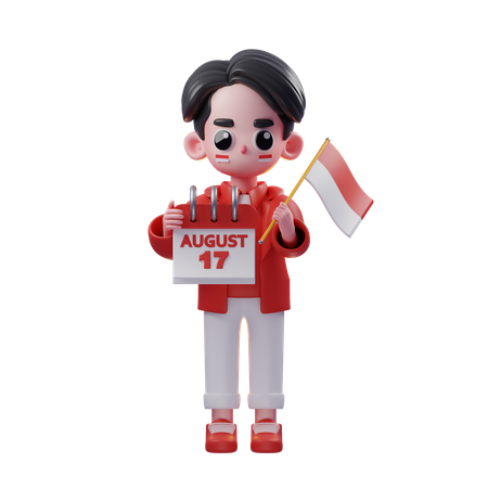 Man celebration on 17 august and Indonesian flag  3D Illustration