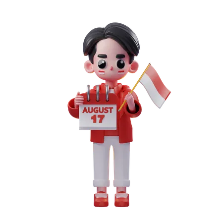 Man celebration on 17 august and Indonesian flag 3D Illustration