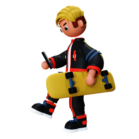 Man chatting on phone while holding skateboard  3D Icon