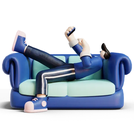 Man checking her phone while sitting on sofa 3D Illustration