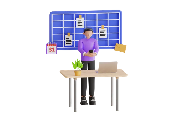 Man Checking His Meeting Schedule 3 D Illustration Man Was Using Her Phone To Take Notes In Calendar App Concept Of Scheduling Information 3D Illustration