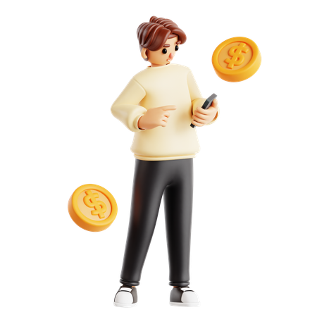 Man Checking Mobile Payment With Floating Coins  3D Illustration