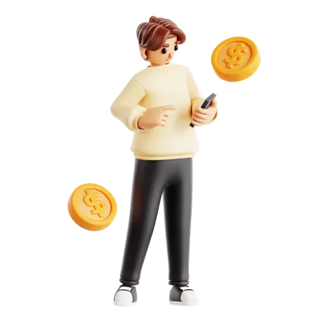 Man Checking Mobile Payment With Floating Coins  3D Illustration