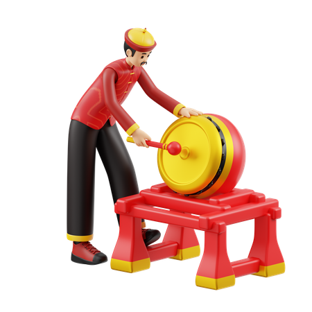 Man Chinese Drum  3D Illustration