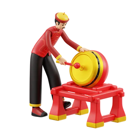 Man Chinese Drum  3D Illustration