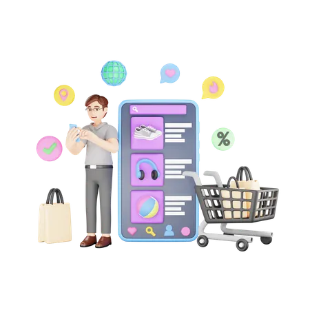 Man choosing products on shopping app  3D Illustration