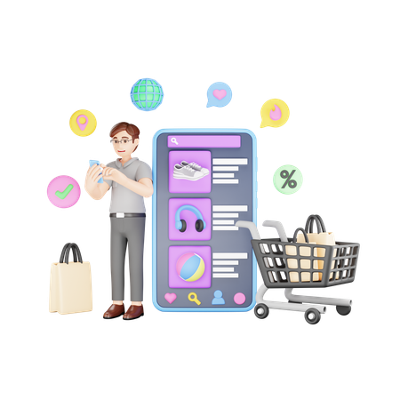 Man choosing products on shopping app  3D Illustration