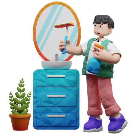 Man Cleaning Mirror Using Wiper And Sprayer  3D Illustration
