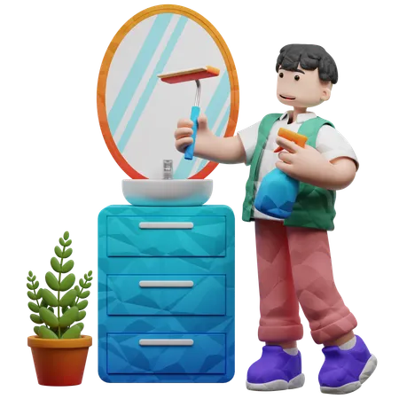 Man Cleaning Mirror Using Wiper And Sprayer  3D Illustration