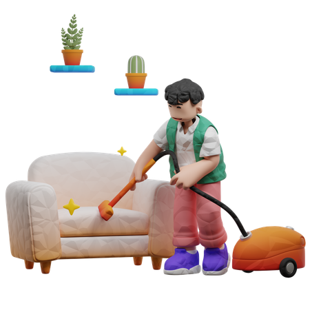 Man Cleaning Sofa Using Vacuum Cleaner Machine  3D Icon