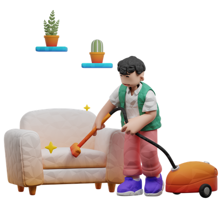 Man Cleaning Sofa Using Vacuum Cleaner Machine  3D Illustration
