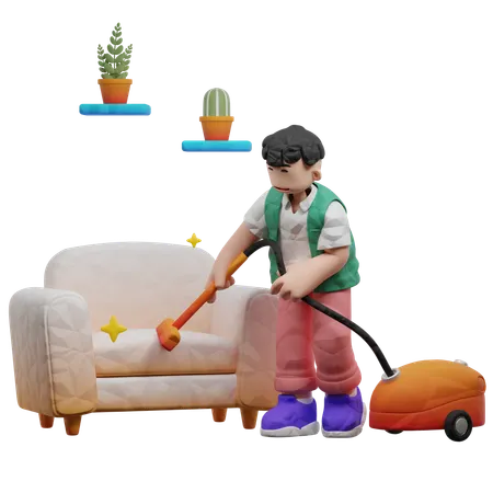 Man Cleaning Sofa Using Vacuum Cleaner Machine  3D Illustration