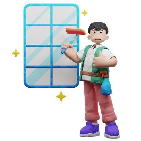 Man Cleaning Windows Using Wiper  3D Illustration