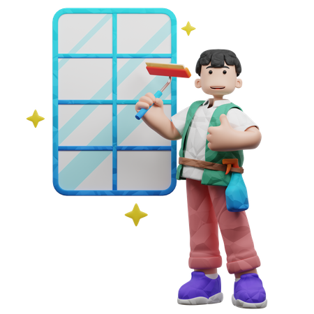 Man Cleaning Windows Using Wiper  3D Illustration