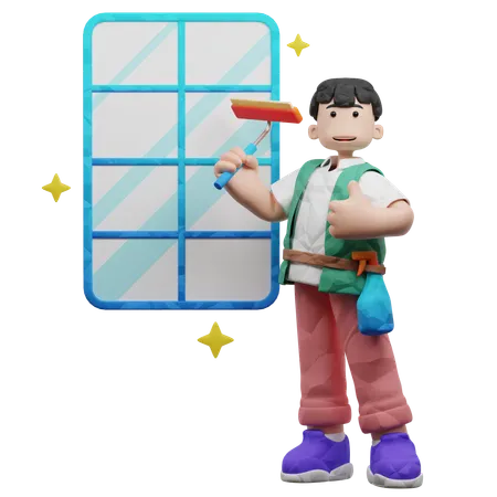 Man Cleaning Windows Using Wiper  3D Illustration