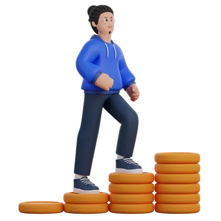 Man Climbing Coin Stairs  3D Icon