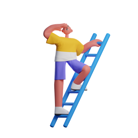 Man Climbing On Stairs And Looking For Something  3D Illustration