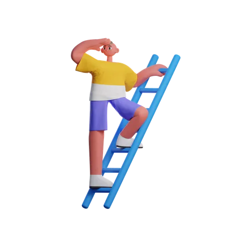 Man Climbing On Stairs And Looking For Something  3D Illustration
