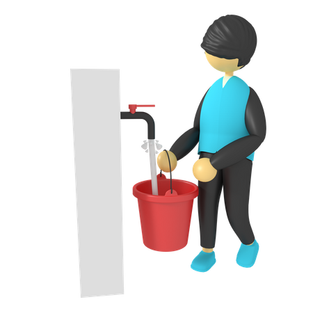 Man collect water in bucket  3D Illustration