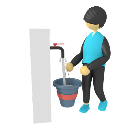 Man collect water in bucket  3D Illustration