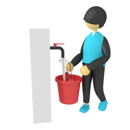 Man collect water in bucket  3D Illustration